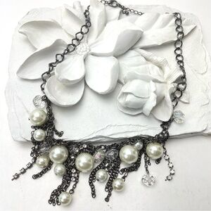 STATEMENT Fringe Chunky Pearl and Crystal Necklace